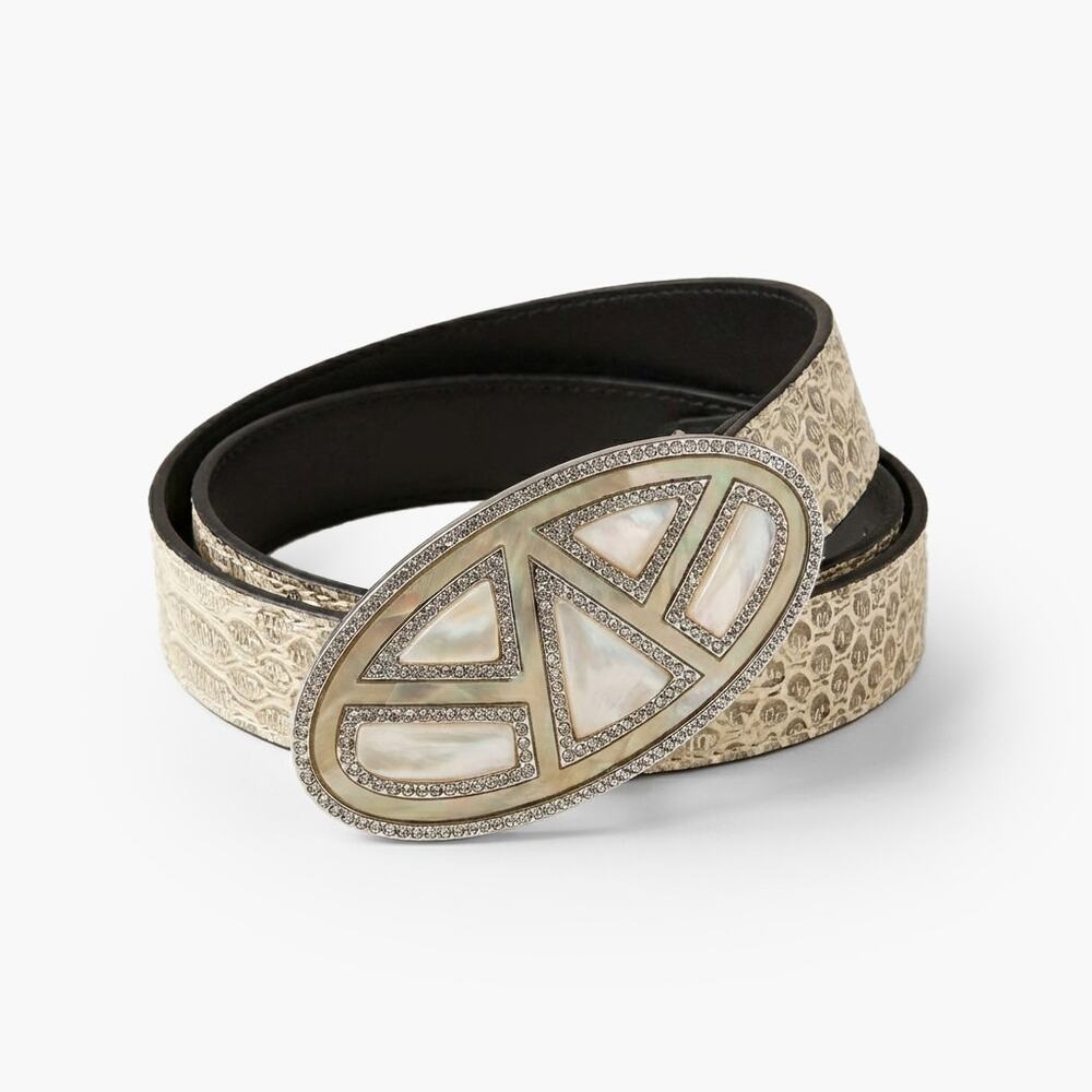 CABI Snake Skin Embossed Leather Belt w/ Mother-of-Pearl & Rhinestone Buckle (M)